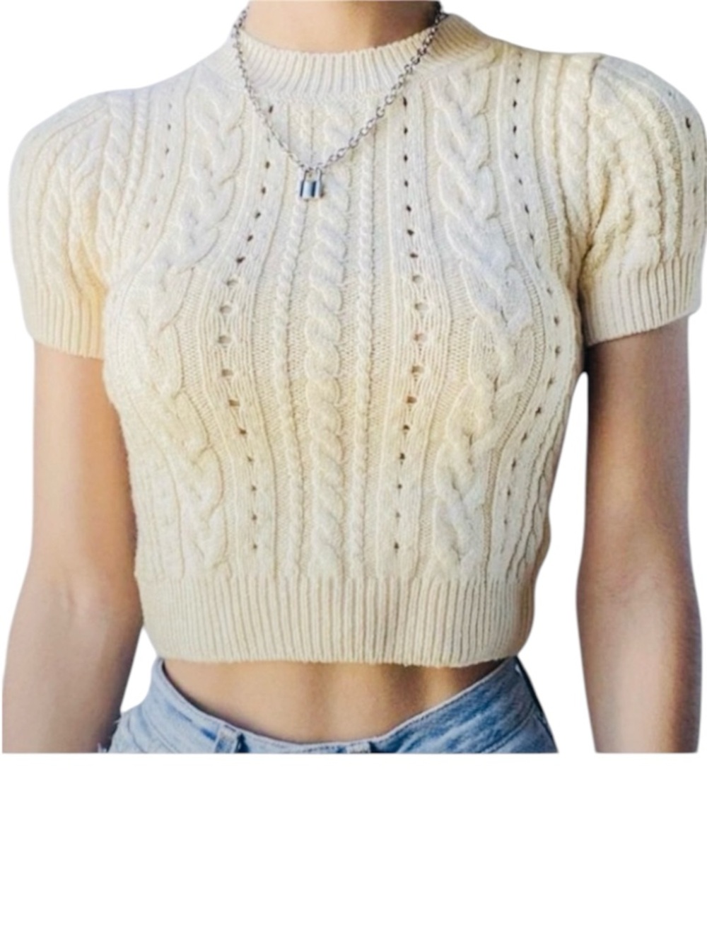 Intimately Free People Cream Beige Crop Cable Knit Sweater Preppy Cottagecore M